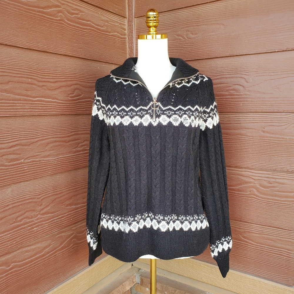 Vintage Mik Mesh Women's Black and White 1/4 Zip Metallic Sweater Size Large
